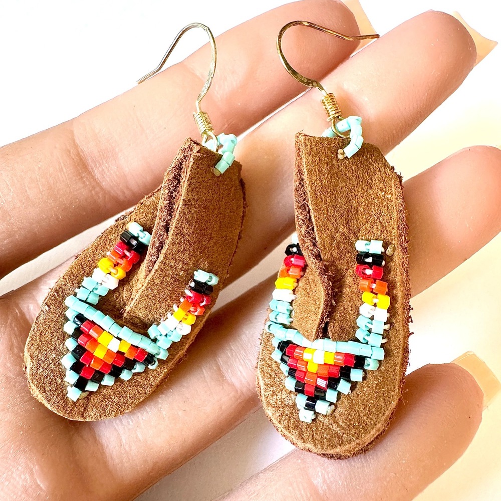 Navajo Moccasin Earrings Turquoise Native Amer Handmade Shoe Suede Mini Beaded B